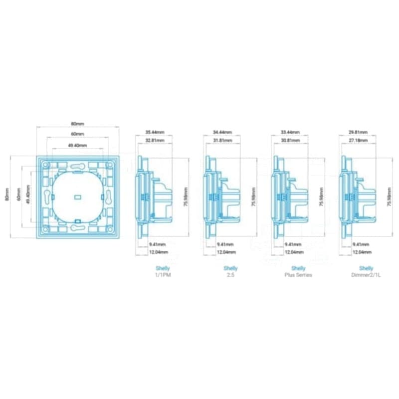 Diagrama e dimensões do interruptor branco Shelly Wall Switch 2