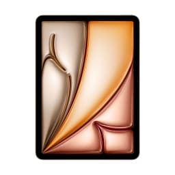 Apple iPad Air 2025 11 pulgadas blanco, pantalla con bordes delgados y marco negro, diseño frontal minimalista con fondo abstracto en tonos dorado y cobre