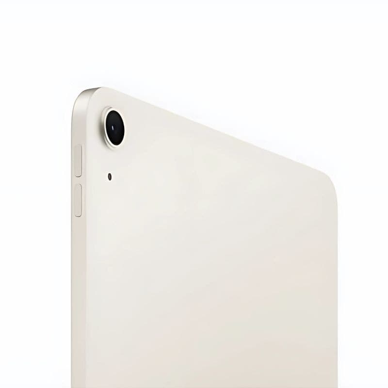Apple iPad Air 2025 11 pulgadas blanco, borde aluminio claro, cámara trasera única con aro negro y botones laterales discretos, diseño minimalista y fino