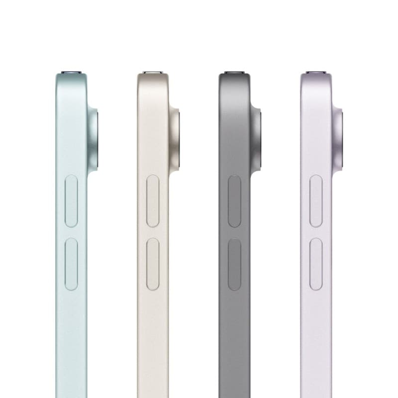 Apple iPad Air 2025 11 pulgadas blanco, bordes rectos y aluminio con cámara trasera sobresaliente. Botones laterales y perfil ultrafino en varios tonos.