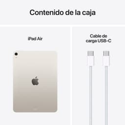 Apple iPad Air 2025 11 pulgadas color blanco visto de espalda con cámara trasera y logo Apple, junto a cable de carga USB-C trenzado plateado