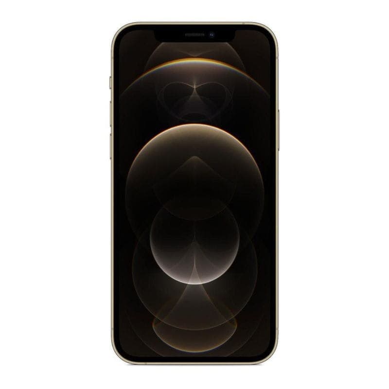 iPhone 12 Pro 256GB Oro Renovado Estado Excelente con pantalla OLED negra encendida, bordes dorados pulidos y notch superior centrado