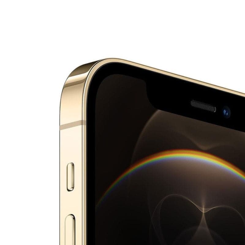 Borde dorado pulido con marco plano, botones laterales visibles y pantalla OLED con bisel negro mínimo mostrando un arco iris sutil. Acabado premium impecable.