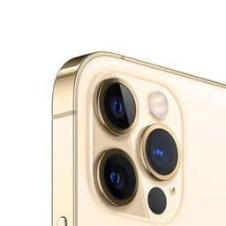 Módulo de cámaras traseras del iPhone 12 Pro 256GB oro renovado: triple lente con bordes dorados brillantes y flash, acabado premium en color dorado.