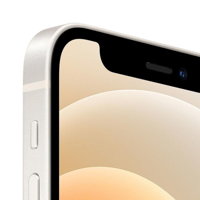 Primer plano del iPhone 12 Mini blanco renovado 128GB en estado excelente con borde aluminio, pantalla sin marcos y cámara frontal en notch elegante