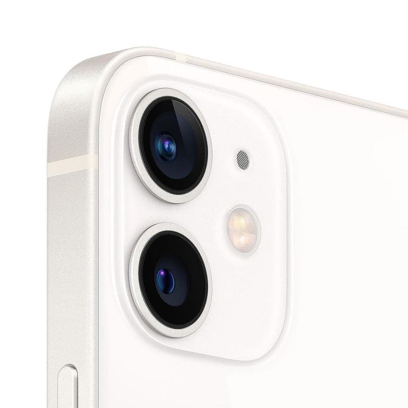 Módulo trasero del iPhone 12 Mini blanco renovado: doble cámara con lentes negras, flash dual y acabado brillante en esquina superior izquierda, estado