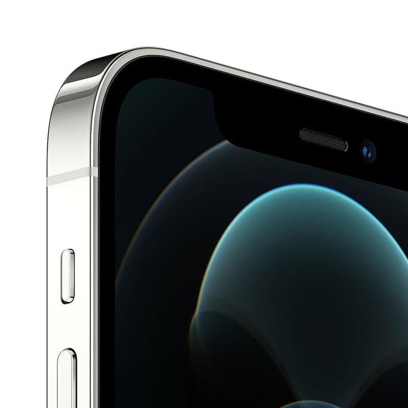 Borde plano en acero plateado, botones laterales definidos y pantalla OLED con notch. iPhone 12 Pro 128GB Plata Renovado en estado excelente