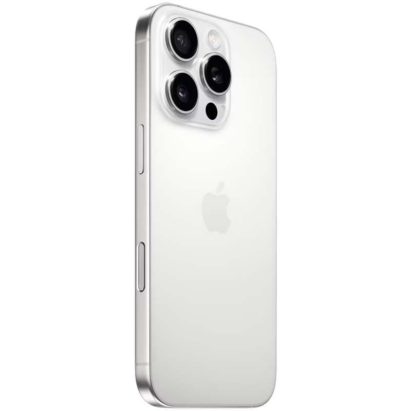 iPhone 16 Pro 5G 128GB Titanio Blanco reacondicionado premium con acabado mate, marco metálico y triple cámara trasera con lentes grandes