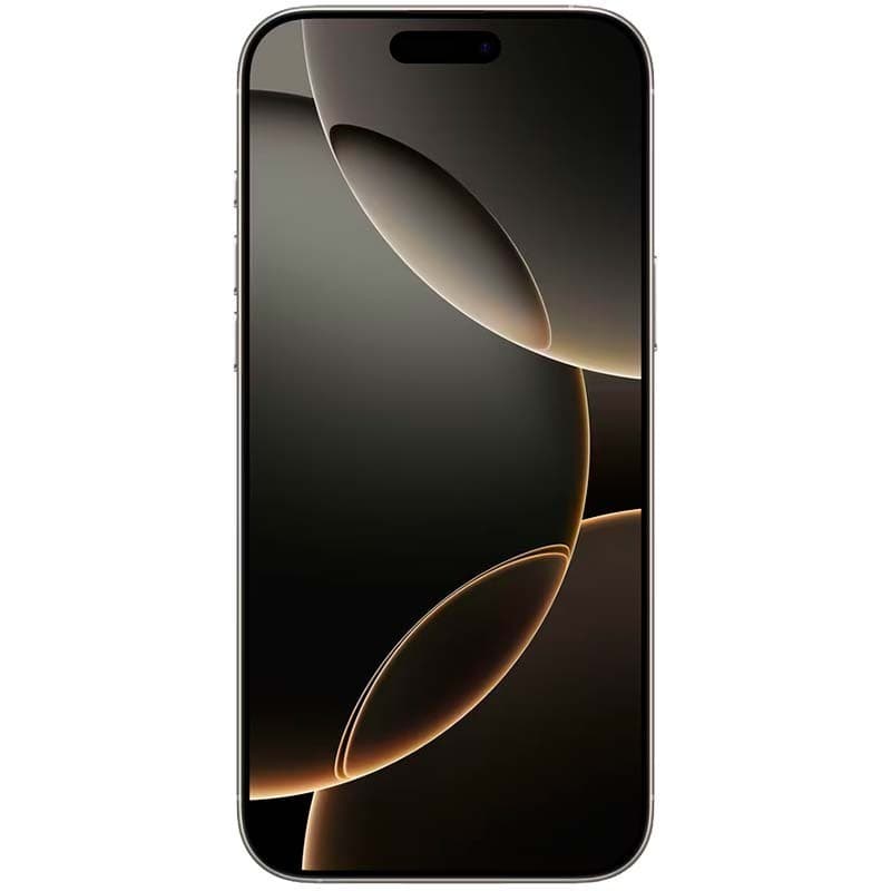 Frente do iPhone 16 Pro Max 5G 256GB em titânio natural; tela grande com bordas finas e recorte dinâmico central, acabamento premium. Renovado, excelente.