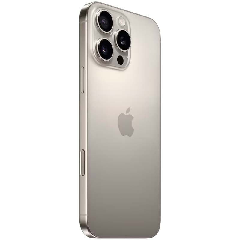 iPhone 16 Pro Max 5G em titânio natural, acabamento fosco, bordas planas e módulo traseiro com três câmeras grandes e flash integrado. Condição excelente.