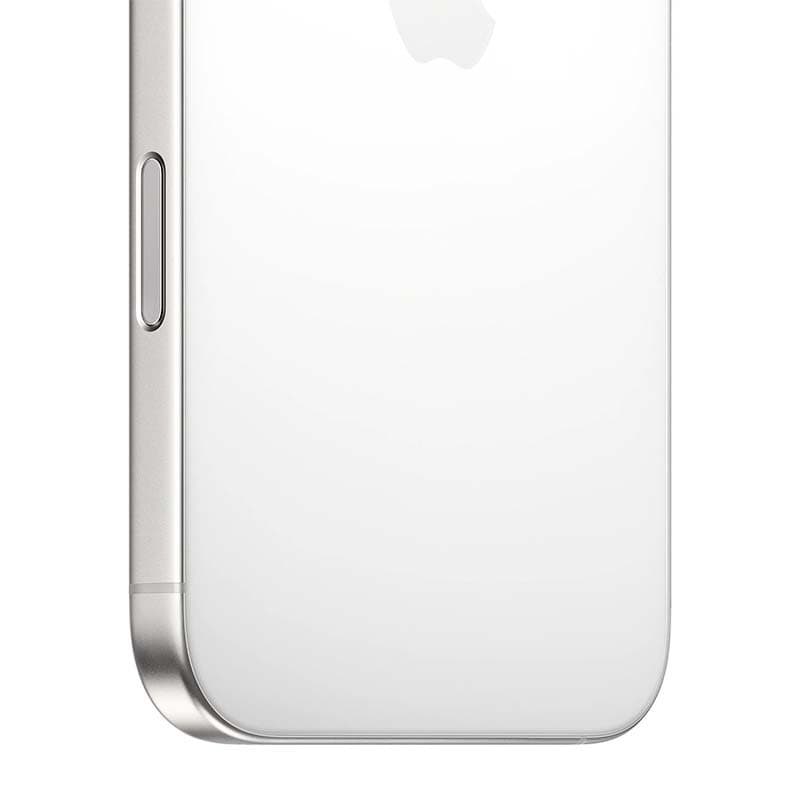 Dos en titane blanc satiné, bords arrondis en métal, bouton latéral allongé. Finition premium, reflets doux, design épuré du iPhone 16 Pro Max.