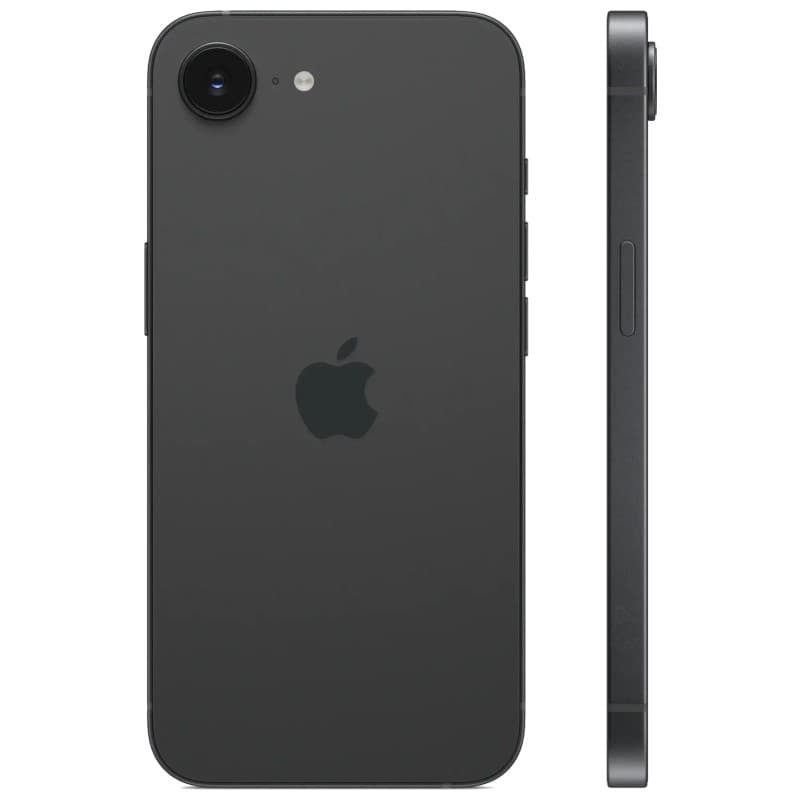 iPhone 16e 128Go Noir Reconditionné État Premium avec dos en verre noir mat, logo Apple centré, grand appareil photo unique et bords plats en métal
