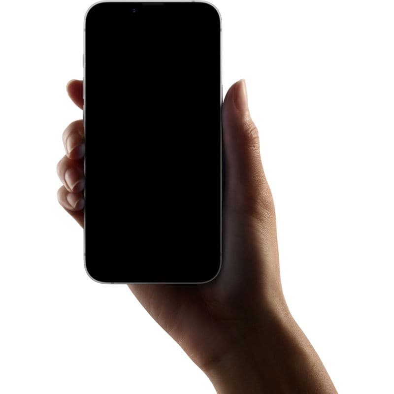 iPhone 16e 128Go Noir Reconditionné - État Premium tenu en main, écran bord à bord noir éteint, bords fins arrondis, châssis métallique élégant