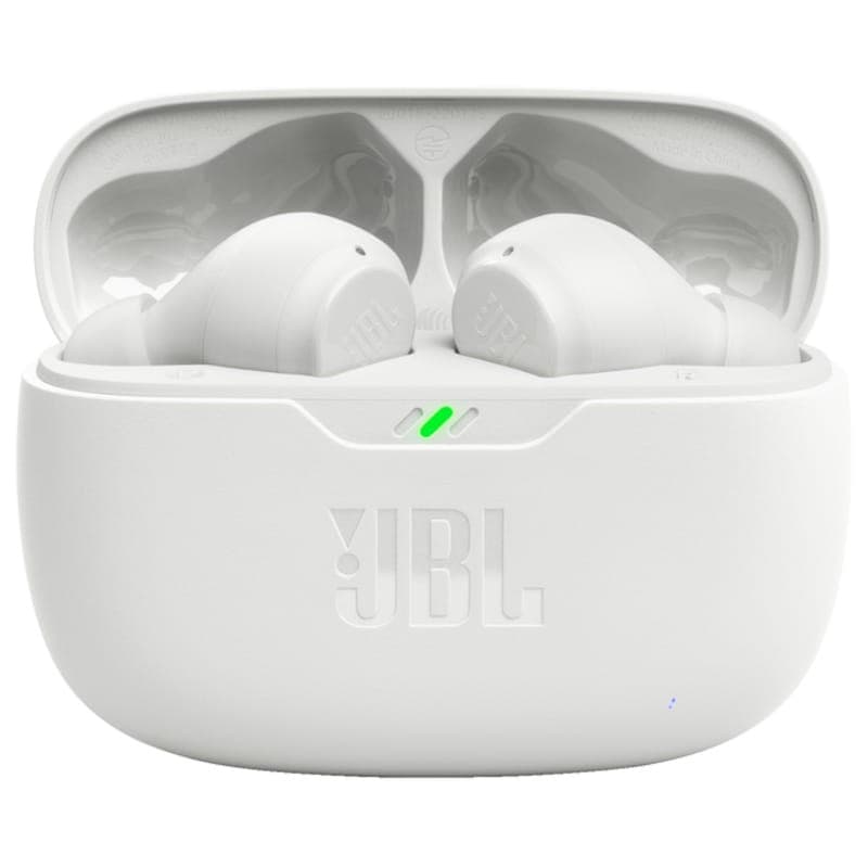 Vue de face de l'étui de charge des écouteurs Bluetooth JBL Wave Beam Blanc