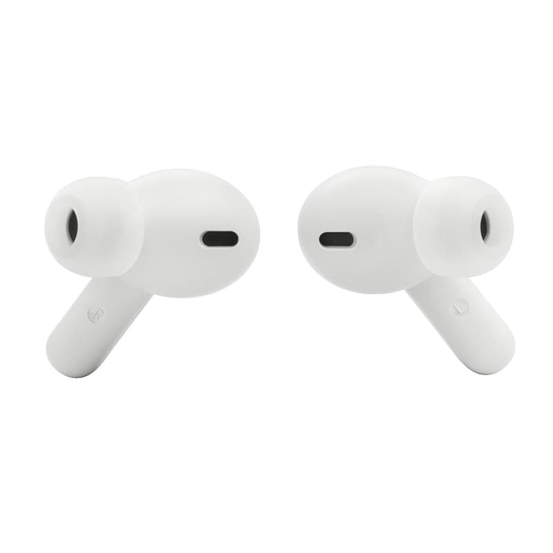 Vue de face des écouteurs Bluetooth JBL Wave Beam Blanc