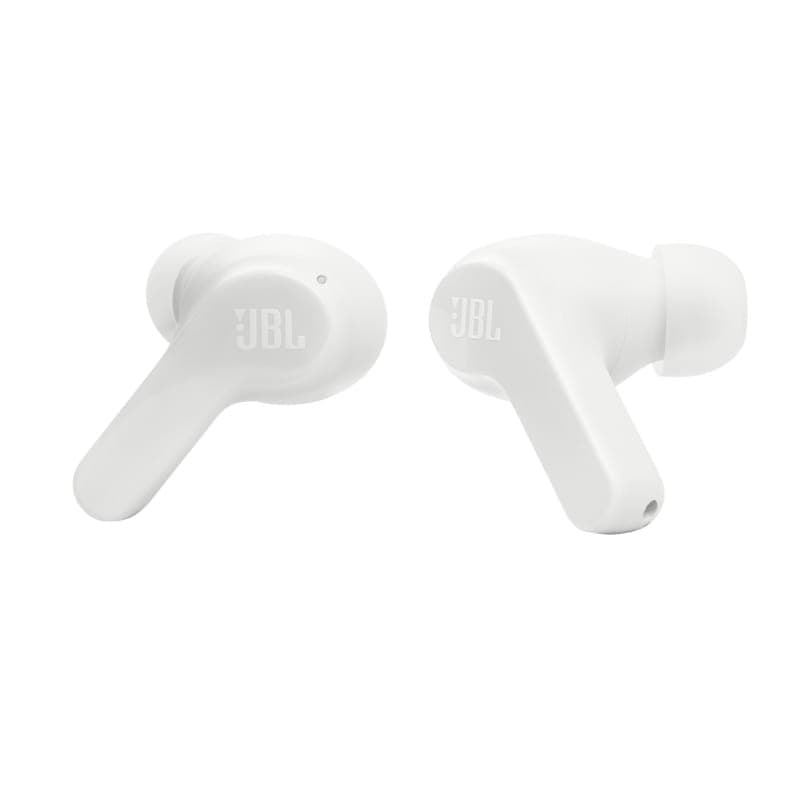 Vue arrière et latérale des écouteurs Bluetooth JBL Wave Beam Blanc