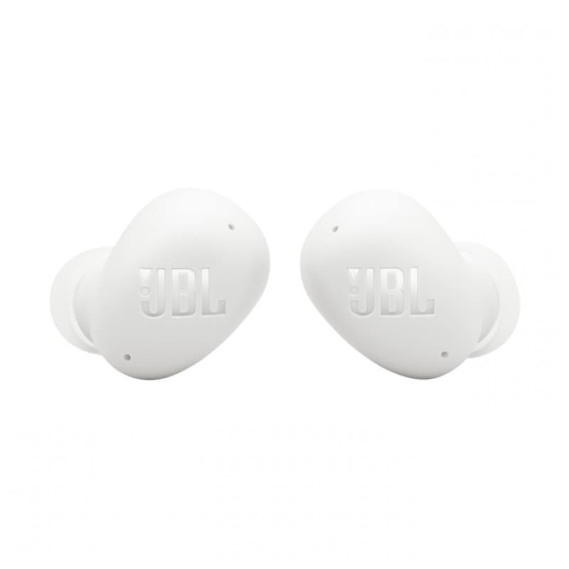 JBL Wave Buds 2 Branco com ANC, fones intrauriculares compactos, acabamento fosco branco, logotipo JBL em relevo, bicos de silicone e design ergonômico