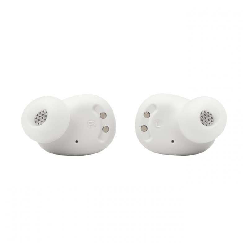 JBL Wave Buds 2 Branco com ANC, earbuds intra-auriculares brancos compactos, com ponteiras de silicone, microfones e contatos de carregamento visíveis L e R
