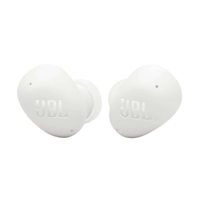 JBL Wave Buds 2 Branco com ANC, dois fones intra-auriculares sem fio em acabamento branco fosco, formato ergonômico compacto com logo JBL em relevo