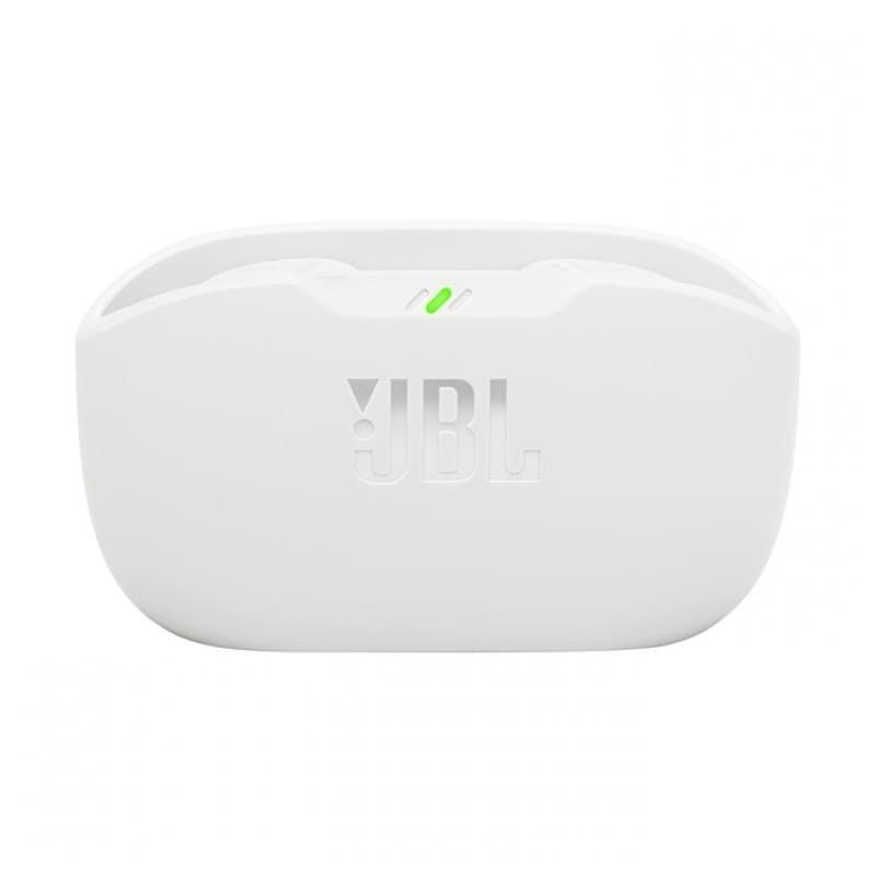 JBL Wave Buds 2 Branco com cancelamento de ruído ANC, estojo de carregamento compacto branco com logotipo JBL em relevo e indicador LED verde central