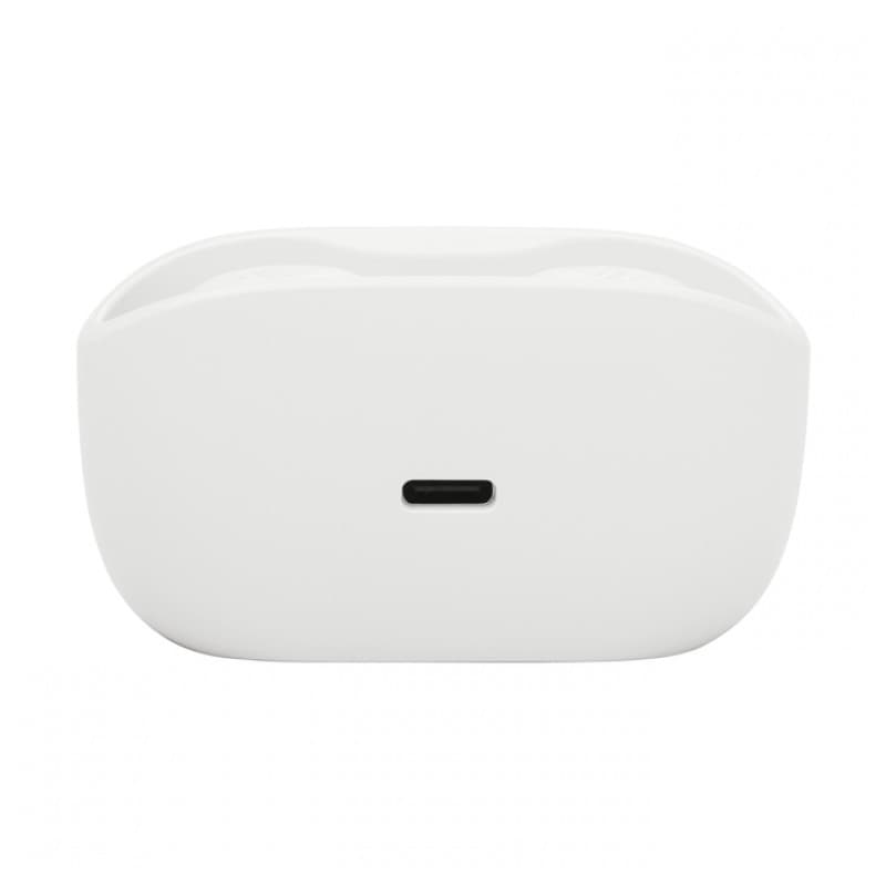 Estojo branco compacto com porta USB-C central, acabamento fosco e tampa superior visível dos JBL Wave Buds 2 Branco com cancelamento de ruído ANC