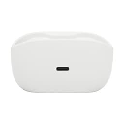 Estojo branco compacto com porta USB-C central, acabamento fosco e tampa superior visível dos JBL Wave Buds 2 Branco com cancelamento de ruído ANC