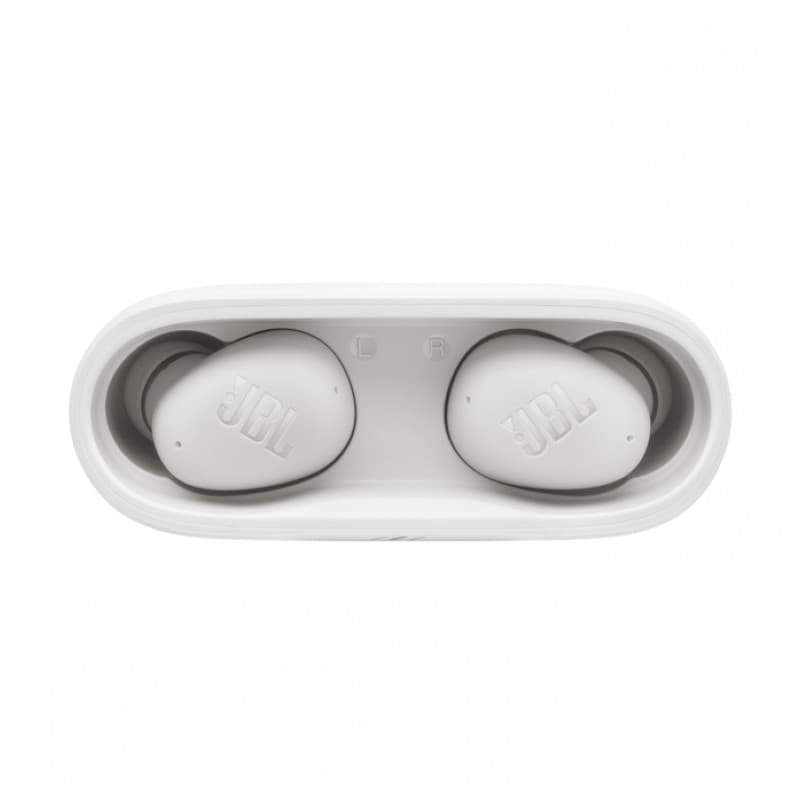 JBL Wave Buds 2 Branco com ANC em estojo branco; fones intra-auriculares compactos, formato ergonômico, acabamento fosco com logotipo JBL em relevo