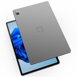 Tablet PC cinzento com ecrã amplo sem molduras grossas, traseira metálica elegante com logótipo central e módulo de câmara retangular elevado