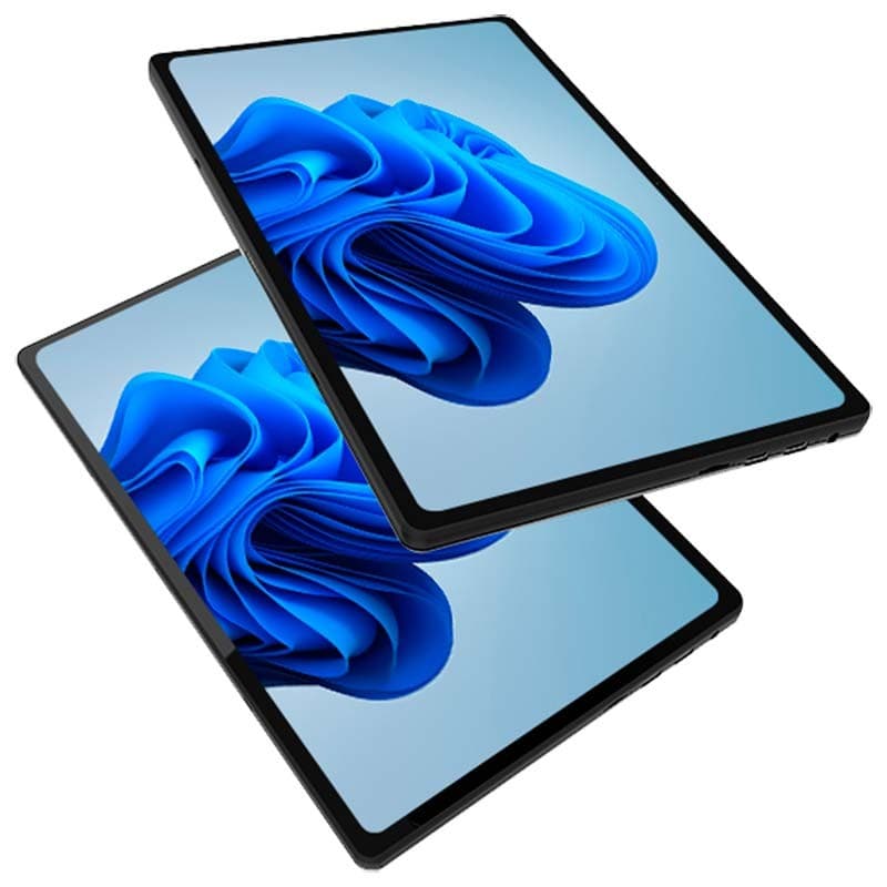 Tablet PC cinzento com ecrã de 12 polegadas, molduras finas e Windows 11 exibido; corpo fino, cantos arredondados e portas laterais visíveis
