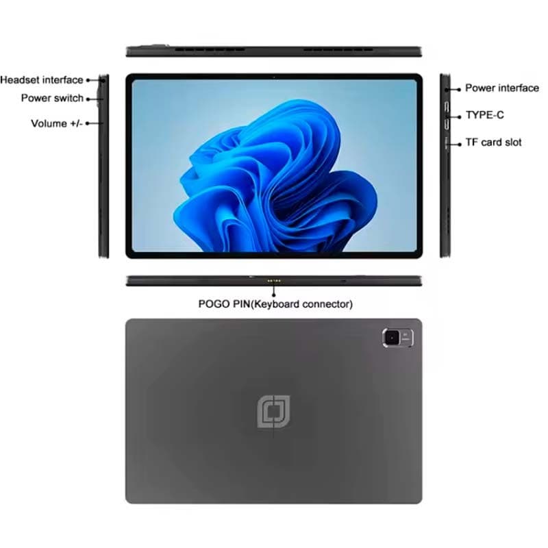 Tablet PC cinzento 12 pol com Windows 11, tela fina de bordas estreitas, câmera traseira retangular, portas Type-C, slot TF, volume, energia e conector POGO