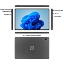 Tablet PC cinzento 12 pol com Windows 11, tela fina de bordas estreitas, câmera traseira retangular, portas Type-C, slot TF, volume, energia e conector POGO