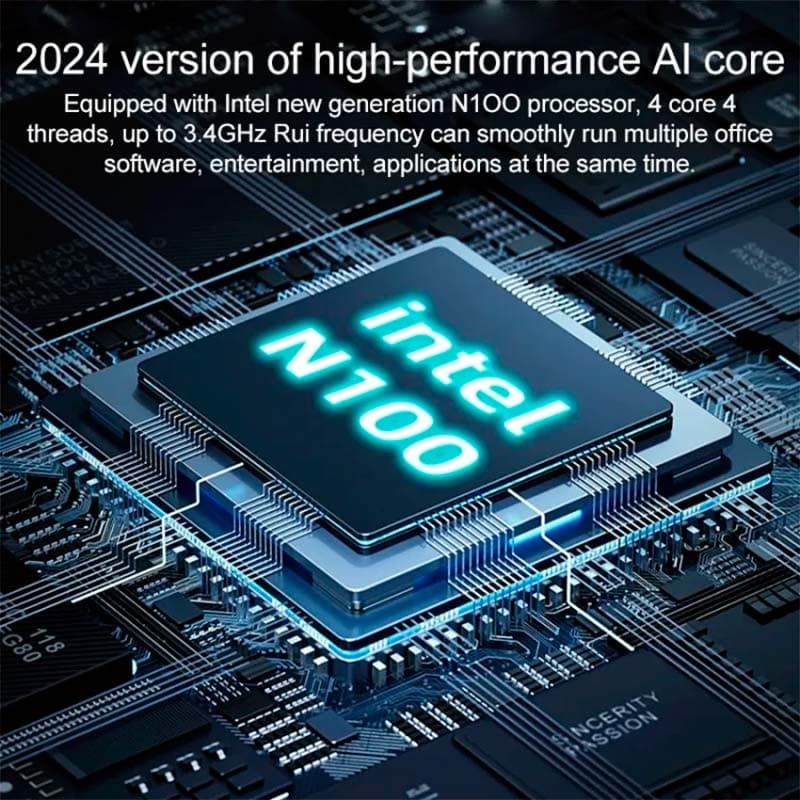 Chip Intel N100 de alto desempenho com 4 núcleos até 3,4 GHz, destacado em placa-mãe, iluminação azul e texto 2024 version of high-performance AI core