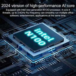 Chip Intel N100 de alto desempenho com 4 núcleos até 3,4 GHz, destacado em placa-mãe, iluminação azul e texto 2024 version of high-performance AI core