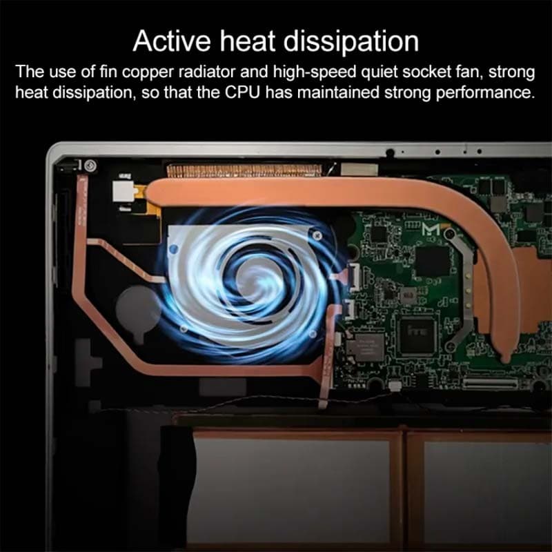 Sistema de dissipação ativa com heatpipes de cobre e ventoinha silenciosa, destacando o arrefecimento eficiente do CPU no Jumper EZPad V12 Pro cinzento