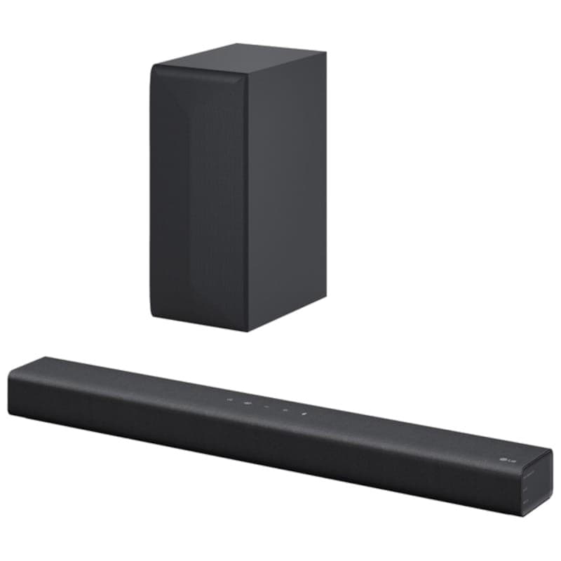 Barra de som LG S60Q 2.1 300W e vista lateral do subwoofer