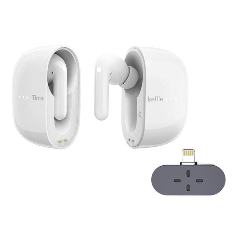 Timekettle M3 Versão Offline Sem Fios Bluetooth ANC 25 h Branco: dois earbuds brancos com estojo magnético e adaptador Lightning compacto
