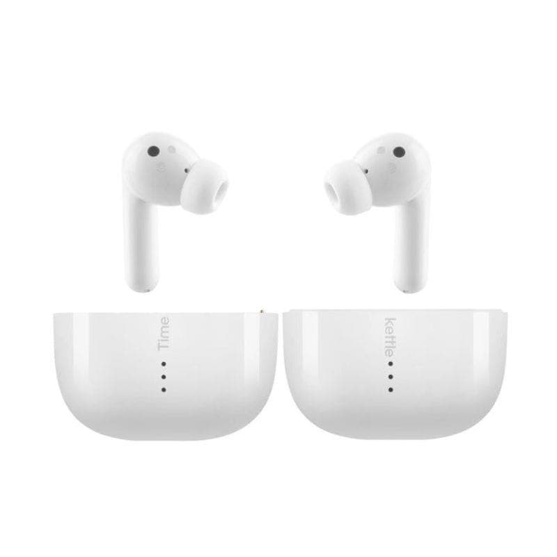 Timekettle M3 Versão Offline Sem Fios Bluetooth ANC 25 h Branco: dois earbuds brancos com borrachas intra-auriculares e estojo dividido com LEDs frontais