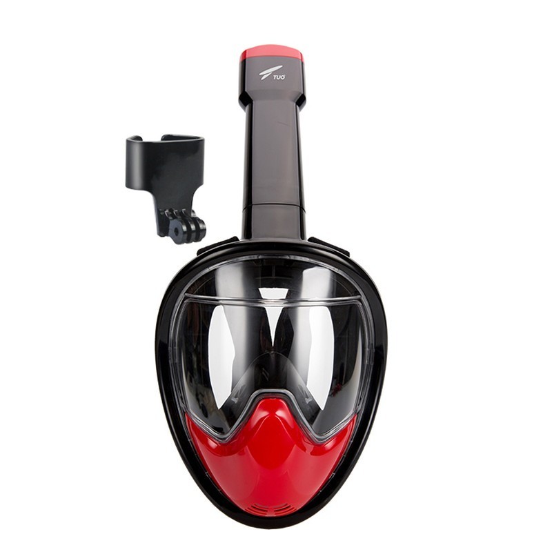 Máscara de Snorkel S/M con Soporte para Cámara Deportiva - Color negro y rojo - Silicona Ergonómica - Máscara Acuática - Tubo incorporado - Sistema de Respiración Nasal - Color Negro, Turquesa y Rosa - Soporte para Cámaras Deportivas - Dimensiones S/M - Ítem