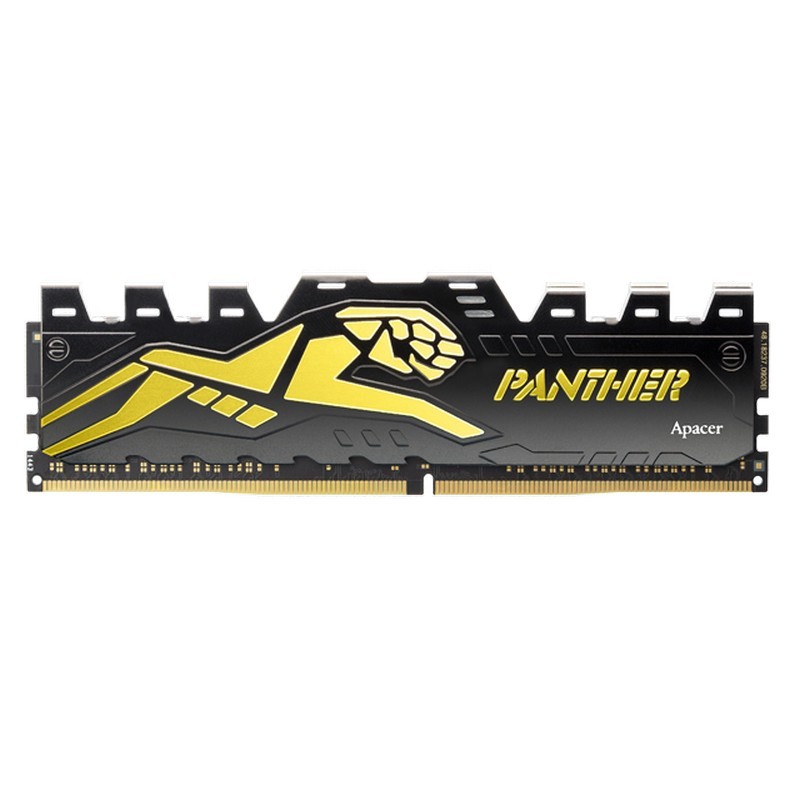 Memória RAM DDR4 4GB Apacer Panther Golden 2400MHz - Cor preta com o relevo de uma pantera na cor dourada