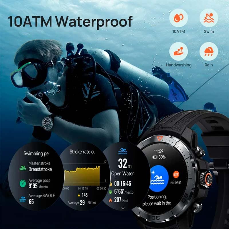 Mibro GS Explorer Verde con correa negra, bisel robusto y pantalla circular; interfaz de natación y métricas; resistencia 10ATM para buceo, lluvia y lavado