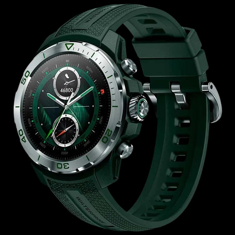 Mibro GS Explorer Verde, reloj inteligente robusto en verde con bisel plateado, correa de silicona texturizada, pantalla circular y botones laterales grandes