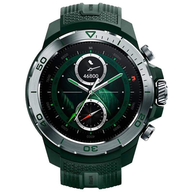 Mibro GS Explorer Verde, reloj inteligente con bisel metálico plateado, correa texturizada verde, pantalla circular con esferas deportivas, botones laterales