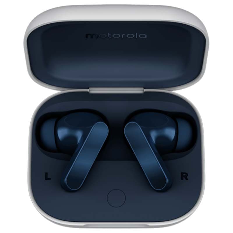 Motorola Moto Buds Azul Brilhante e estojo de carregamento aberto