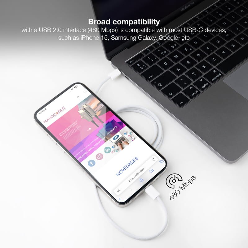 Nanocable USB-C 2.0 Cable 60W 3A, USB-C/M-USB-C/M Blanc - Ítem4