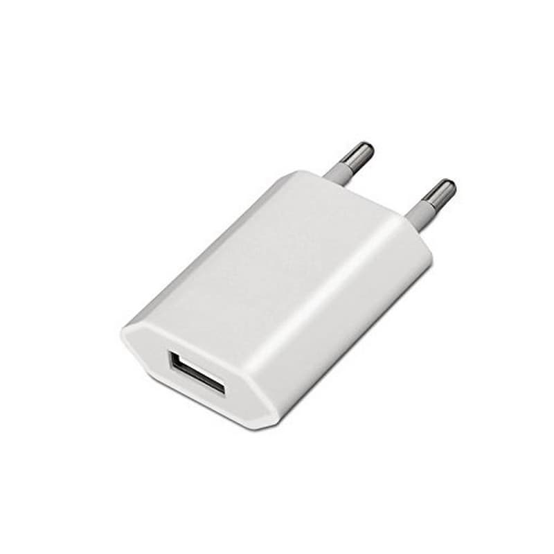Chargeur USB Nanocable 5V 1A blanc compact avec prise européenne à deux broches et port USB unique, finition lisse et angles biseautés