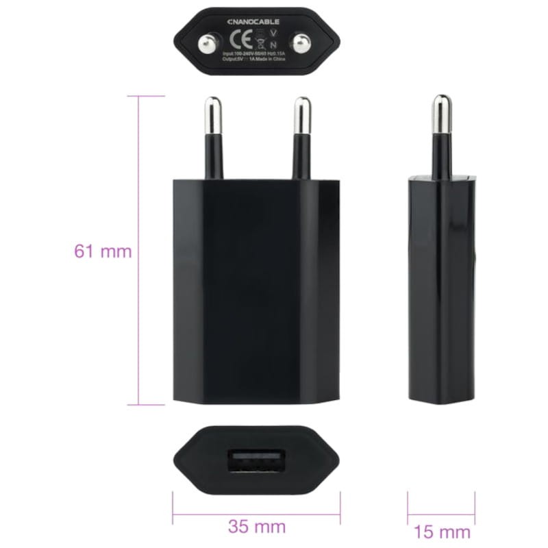 Nanocable Chargeur USB 5V/1A Noir - Ítem2