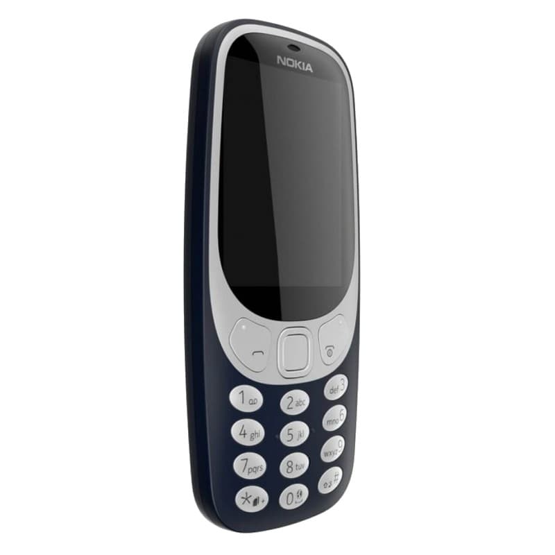Nokia 3310 Dual Sim Bleu avec coque bleu foncé, écran compact, façade grise, clavier T9 large et bouton central, design arrondi classique et robuste