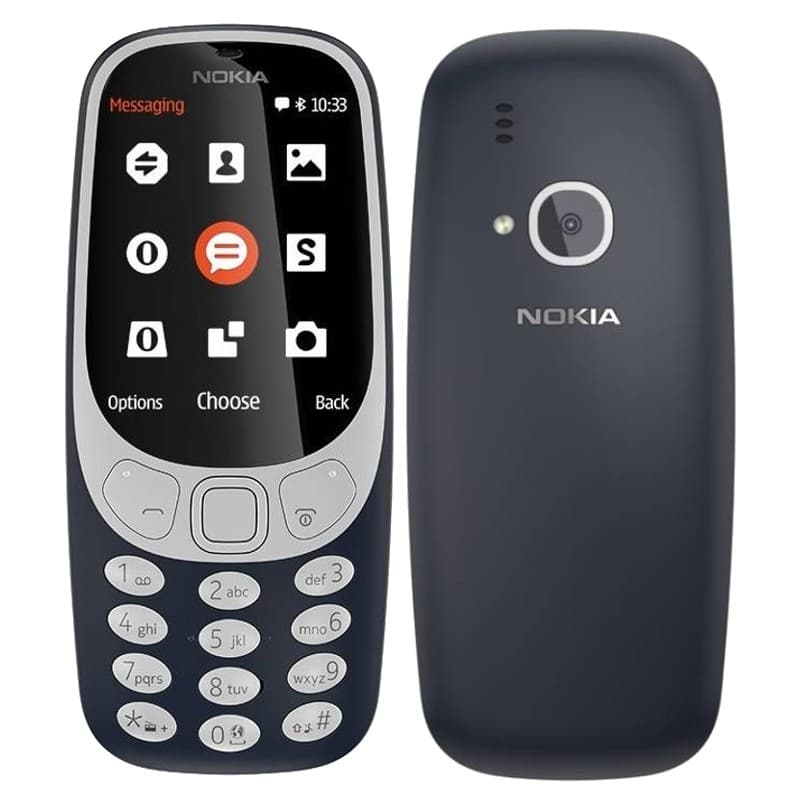 Nokia 3310 Dual Sim Bleu avec coque bleue, écran couleur arrondi, clavier T9 blanc, appareil photo arrière avec flash et logo Nokia visible