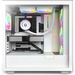 Vue latérale d’un châssis avec le système de Refroidissement liquide NZXT Kraken Elite 240 RGB Blanc
