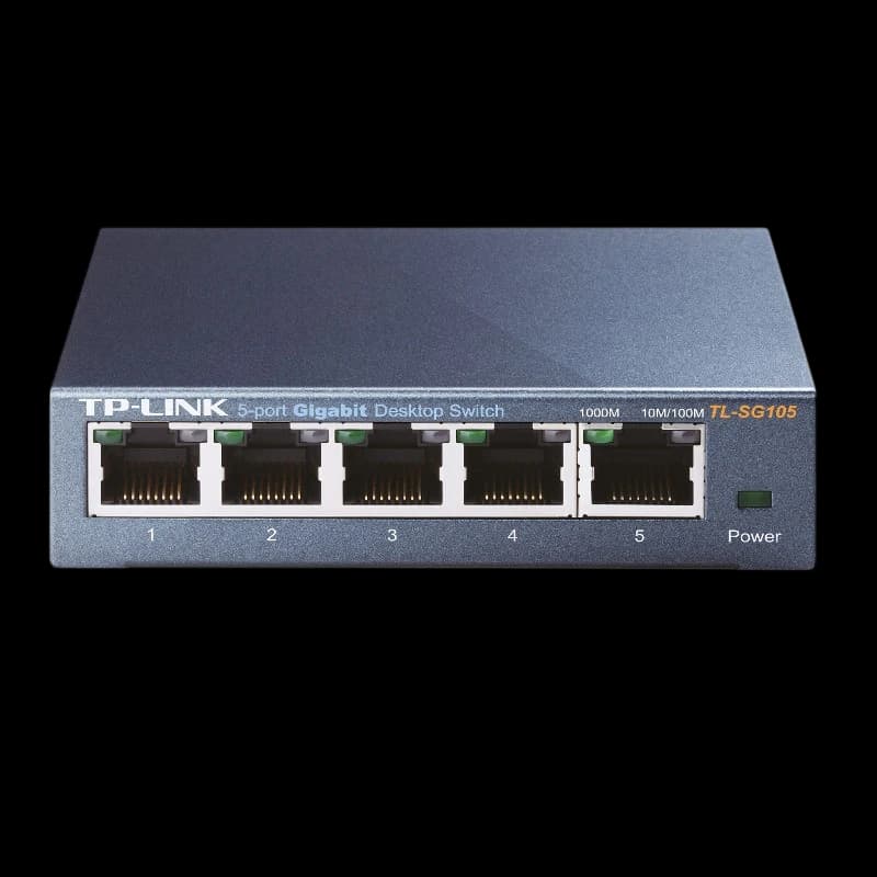 Switch TP-Link TL-SG105 compact en métal, 5 ports RJ45 numérotés 1 à 5, voyants Power et LED de lien 10/100/1000, finition gris anthracite